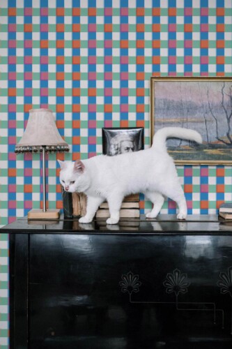 Industrial style music room decorated with Colorful check peel and stick wallpaper