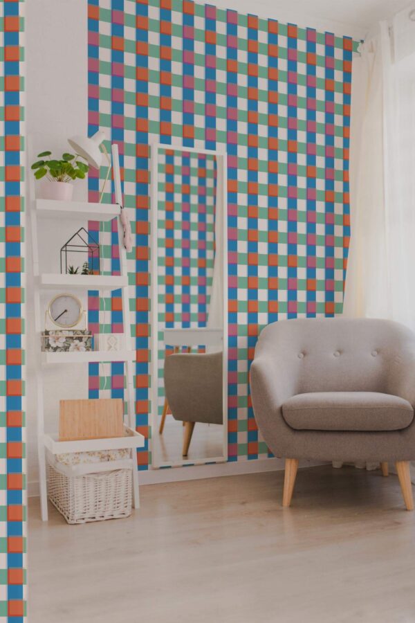 Light boho style living room decorated with Colorful check peel and stick wallpaper