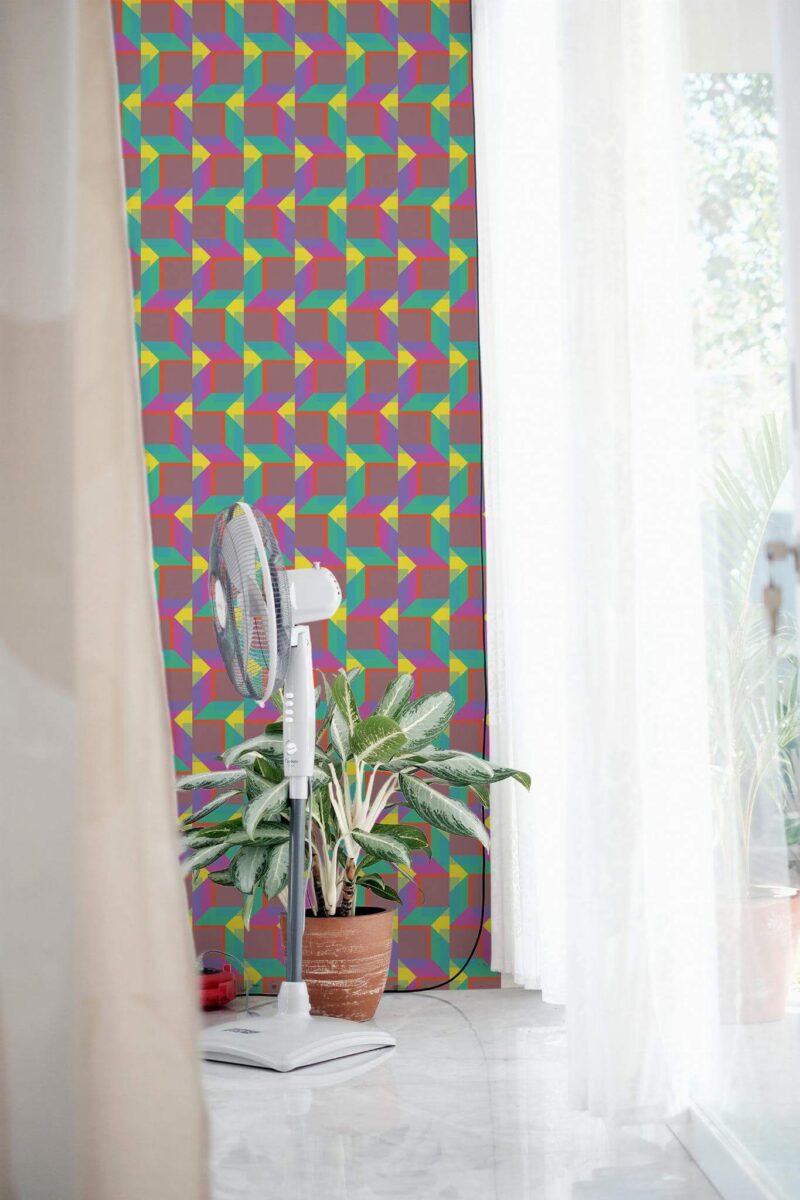 Minimal style living room decorated with Colorful cubes peel and stick wallpaper