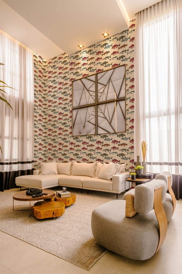 Contemporary style living room decorated with Colorful Fish peel and stick wallpaper