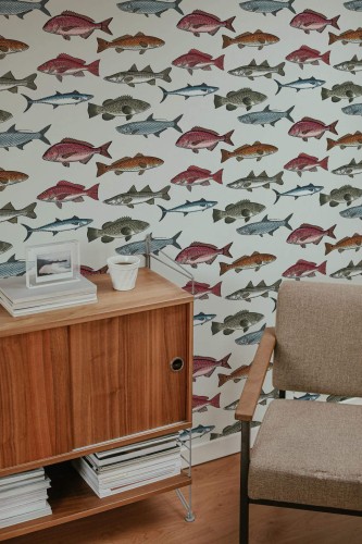 Mid-century style living room decorated with Colorful Fish peel and stick wallpaper