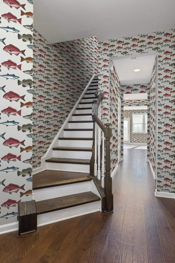 Rustic style hallway decorated with Colorful Fish peel and stick wallpaper