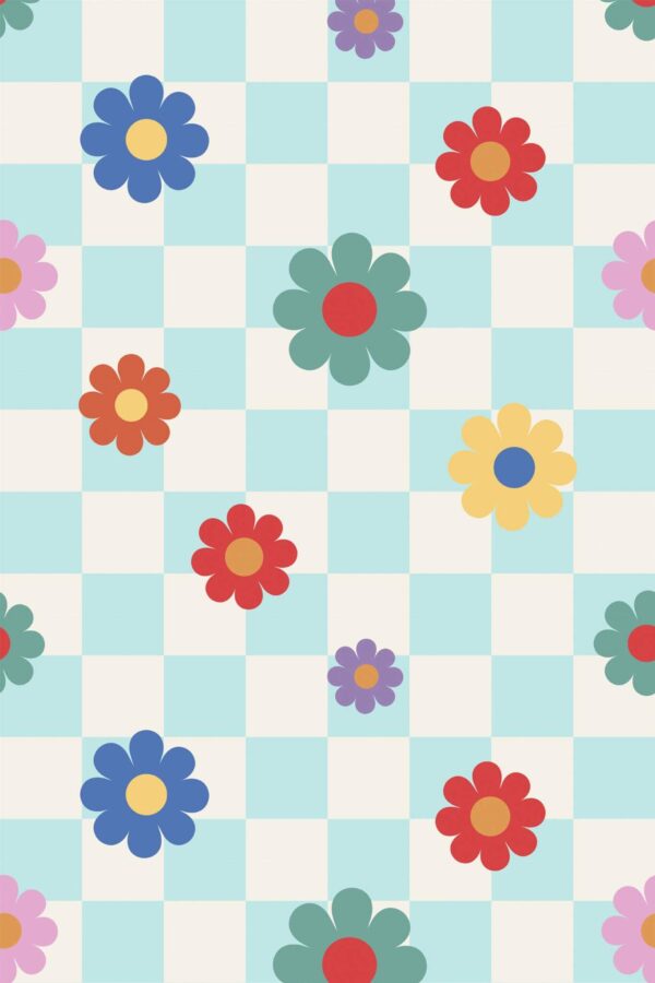 Pattern repeat of Colorful floral grid removable wallpaper design