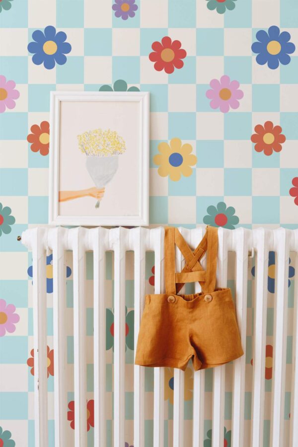 Bohemian style kids room decorated with Colorful floral grid peel and stick wallpaper