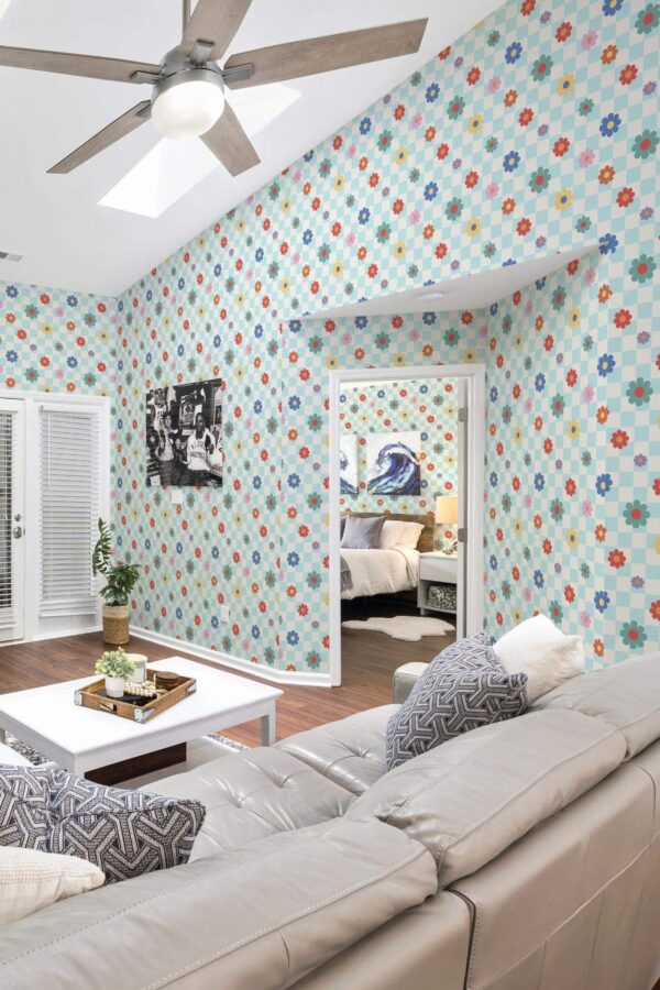 Coastal scandinavian style living room and bedroom decorated with Colorful floral grid peel and stick wallpaper