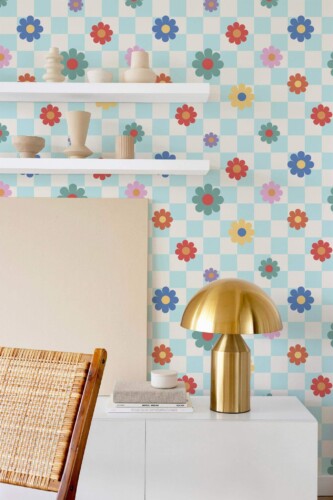 Modern style dining room decorated with Colorful floral grid peel and stick wallpaper