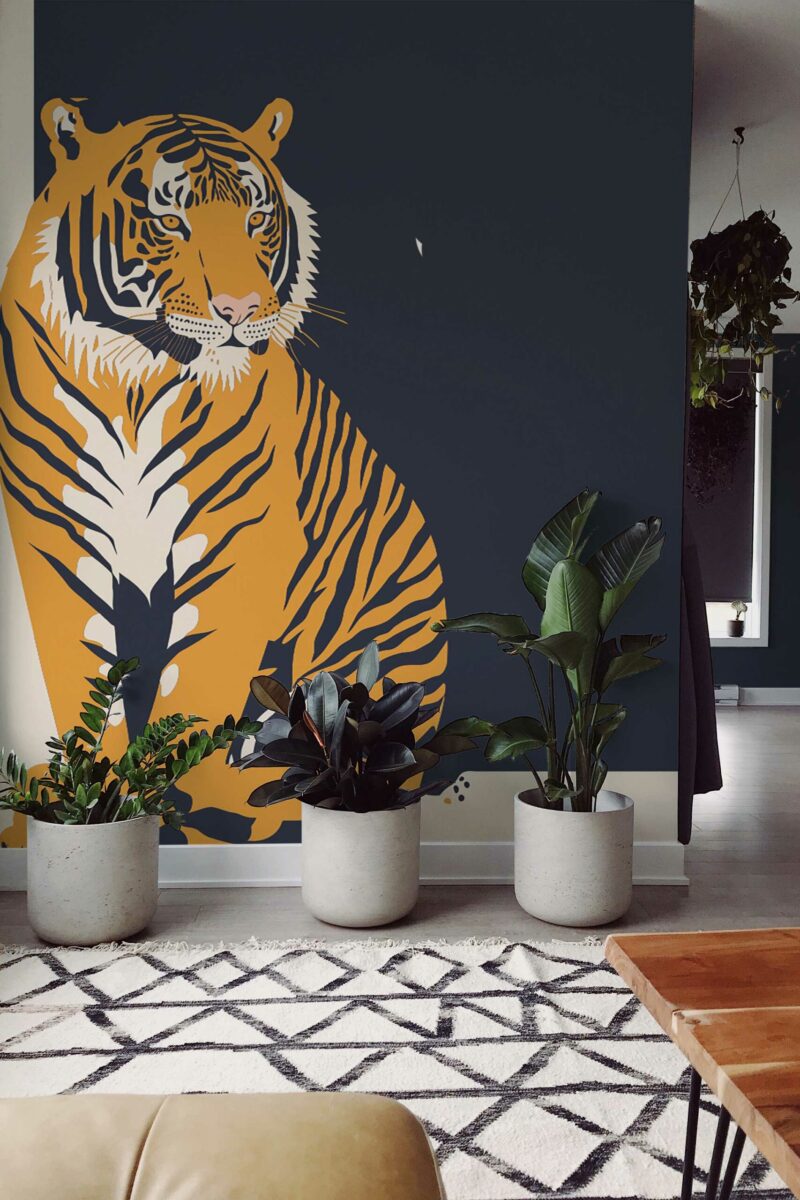 Majestic Tiger wall mural with a blue and orange bold tiger design, perfect for accent walls, creative rooms, or modern interiors.
