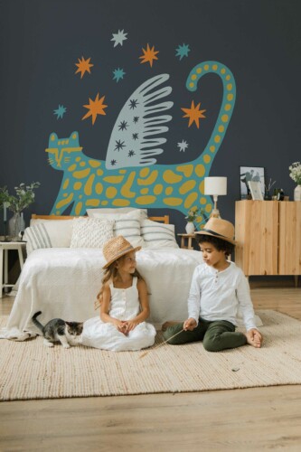 Charming Kitten wall mural with a winged cat, star accents, and deep blue background, perfect for accent walls and playful interiors.