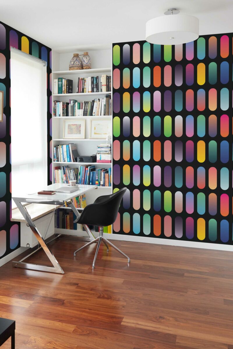 Bold Black Gradient wall mural with colorful ombre shapes over a black background, ideal for game rooms and creative office spaces.