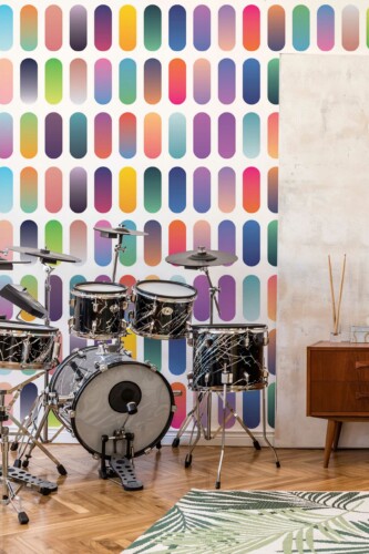 Spectrum Splash on White wall mural with colorful bold geometric pattern, ideal for game rooms, offices, or creative accent walls.
