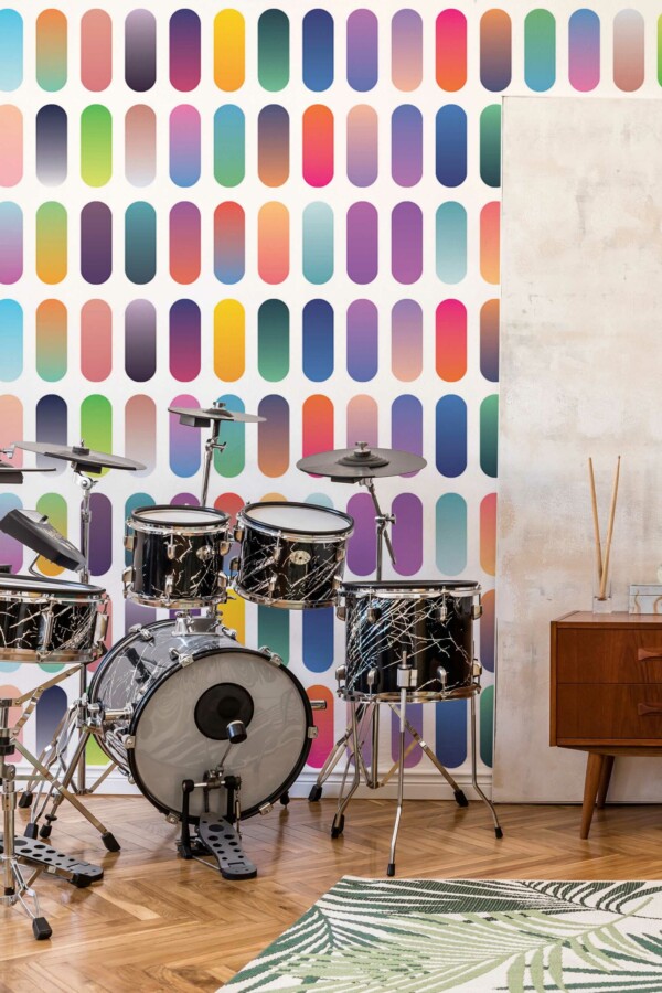 Spectrum Splash on White wall mural with colorful bold geometric pattern, ideal for game rooms, offices, or creative accent walls.