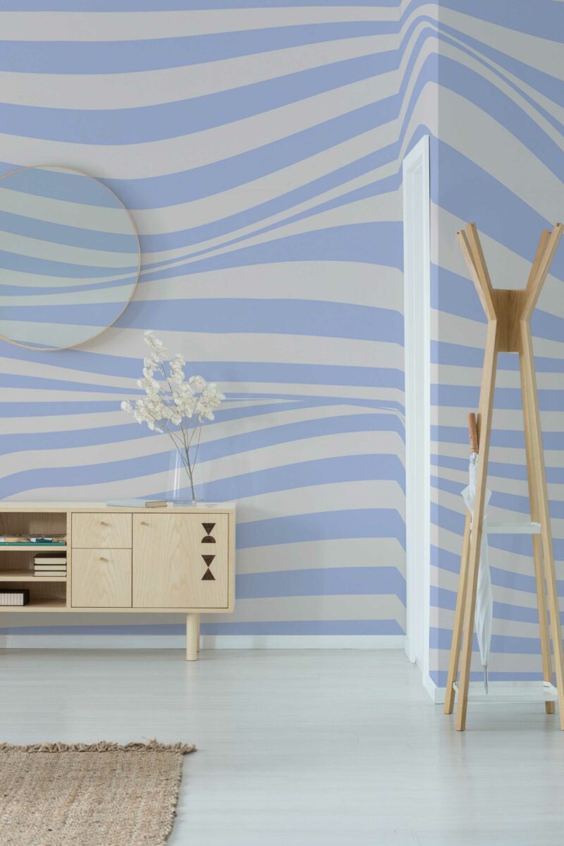 Elegant Groove Classic wall mural with blue and white abstract striped design, perfect for living rooms, accent walls, or modern creative spaces.