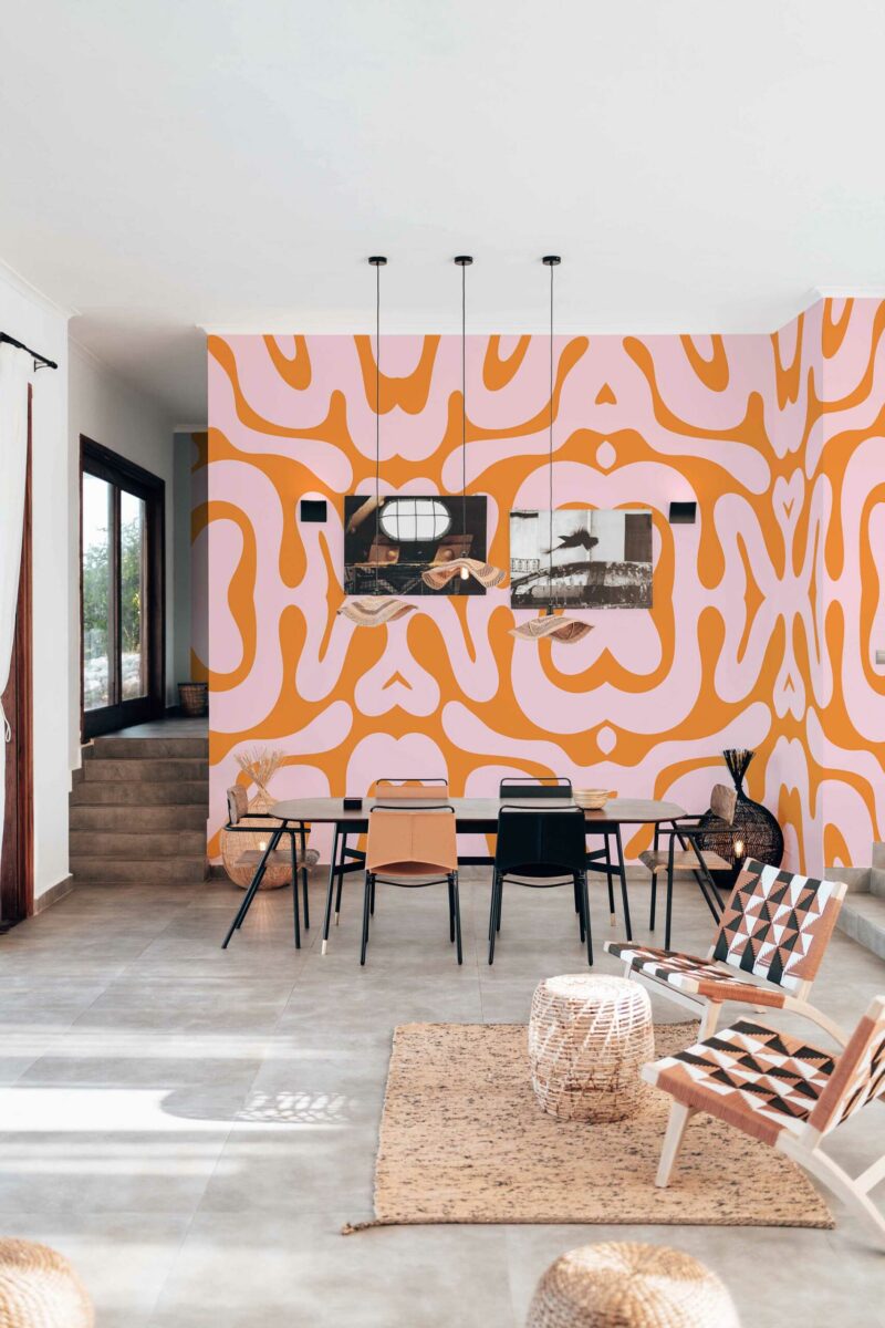 Vibrant Pink Grooves wall mural with orange and pink bold funky abstract pattern, perfect for accent walls, salons, or creative spaces.