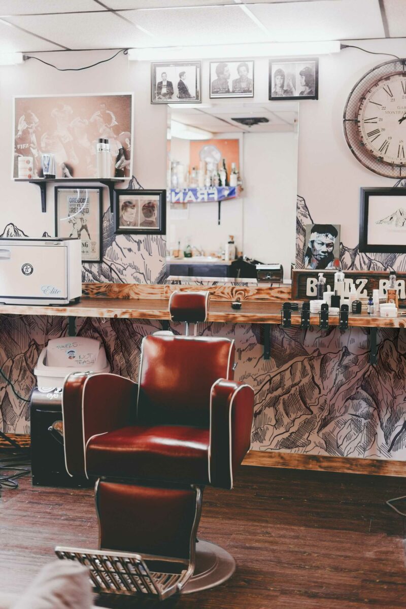 Mountain Wall Mural with black and white mountain landscape design, perfect for barber shops, accent walls, or nature-inspired interiors.