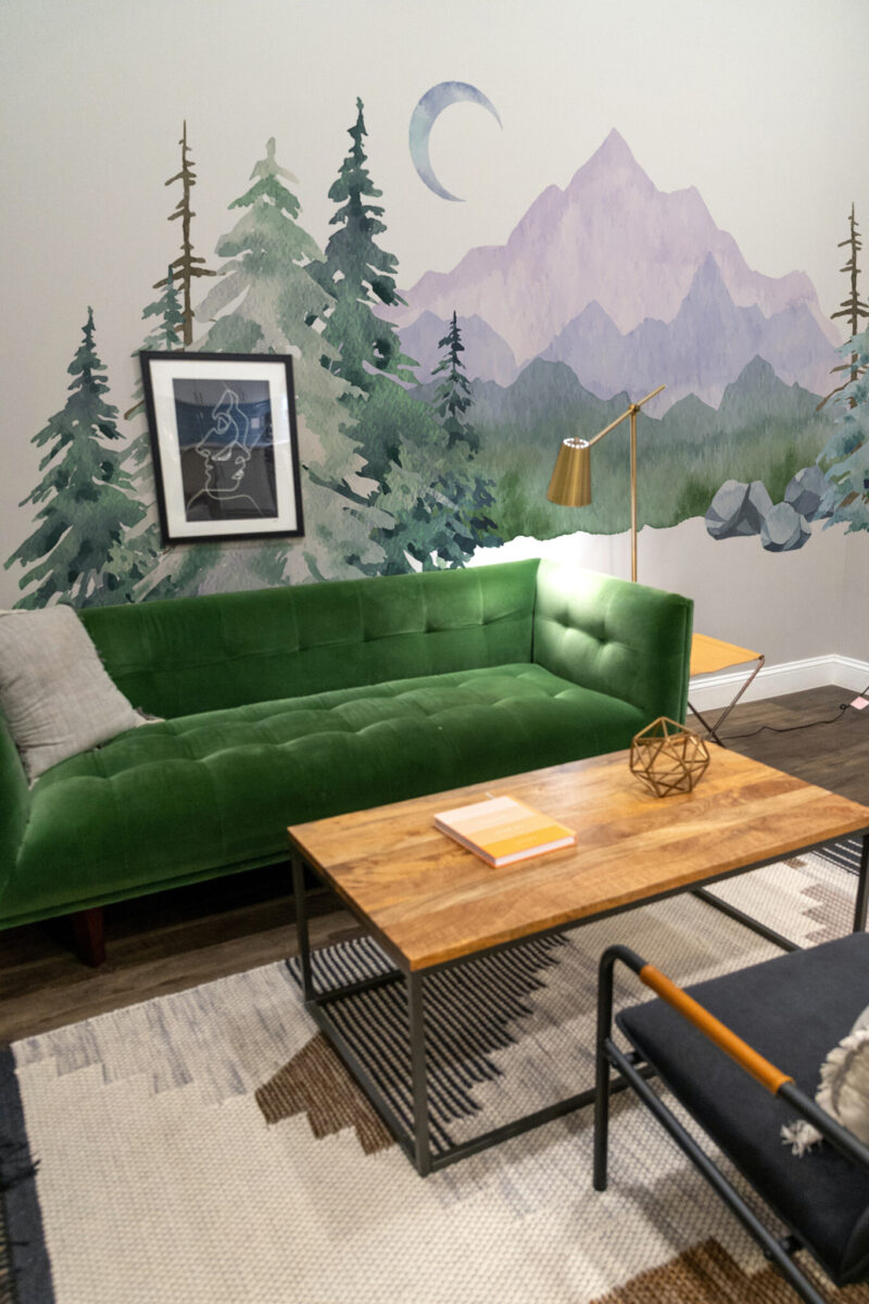 Emerald Mountain Retreat Wall Mural with green and lavender mountains, moon, and forest trees in watercolor style, perfect for living rooms, bedrooms, or peaceful accent walls.