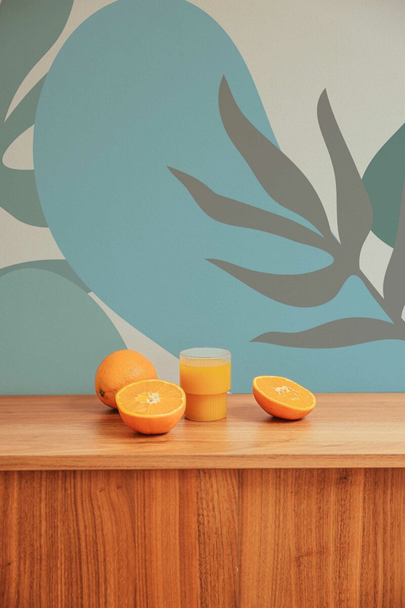 Tranquil Kitchen Leaf Wall Mural with soft blue and green leaf shapes blended with abstract forms, perfect for kitchens, dining spaces, or calming accent walls.