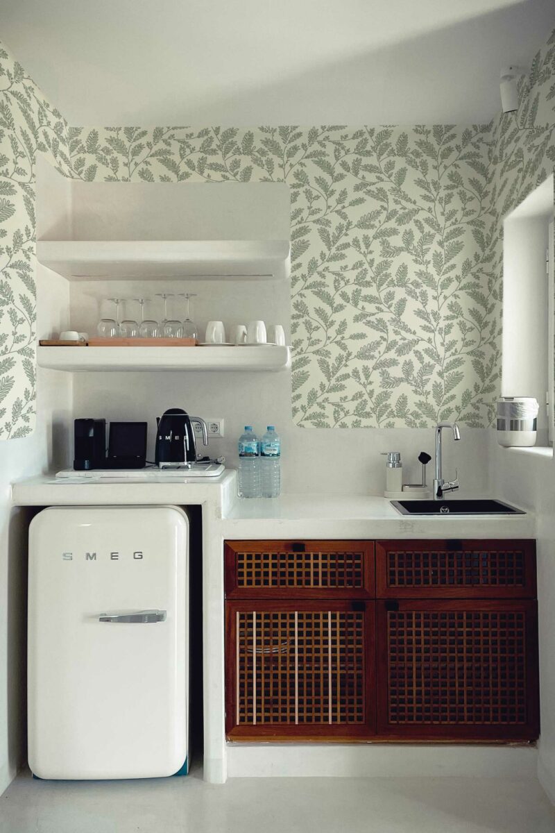 Cute Kitchen Leaf Wall Mural with small green leaf line patterns on a light background, perfect for kitchens, dining areas, or cozy breakfast nooks.