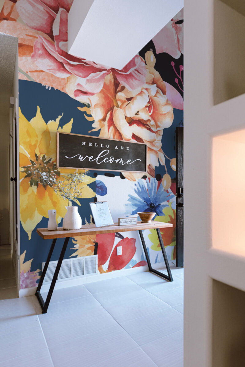 Watercolor Floral Patchwork Wall Mural with colorful watercolor flowers arranged in a patchwork collage, ideal for living rooms, bedrooms, or eclectic interiors.