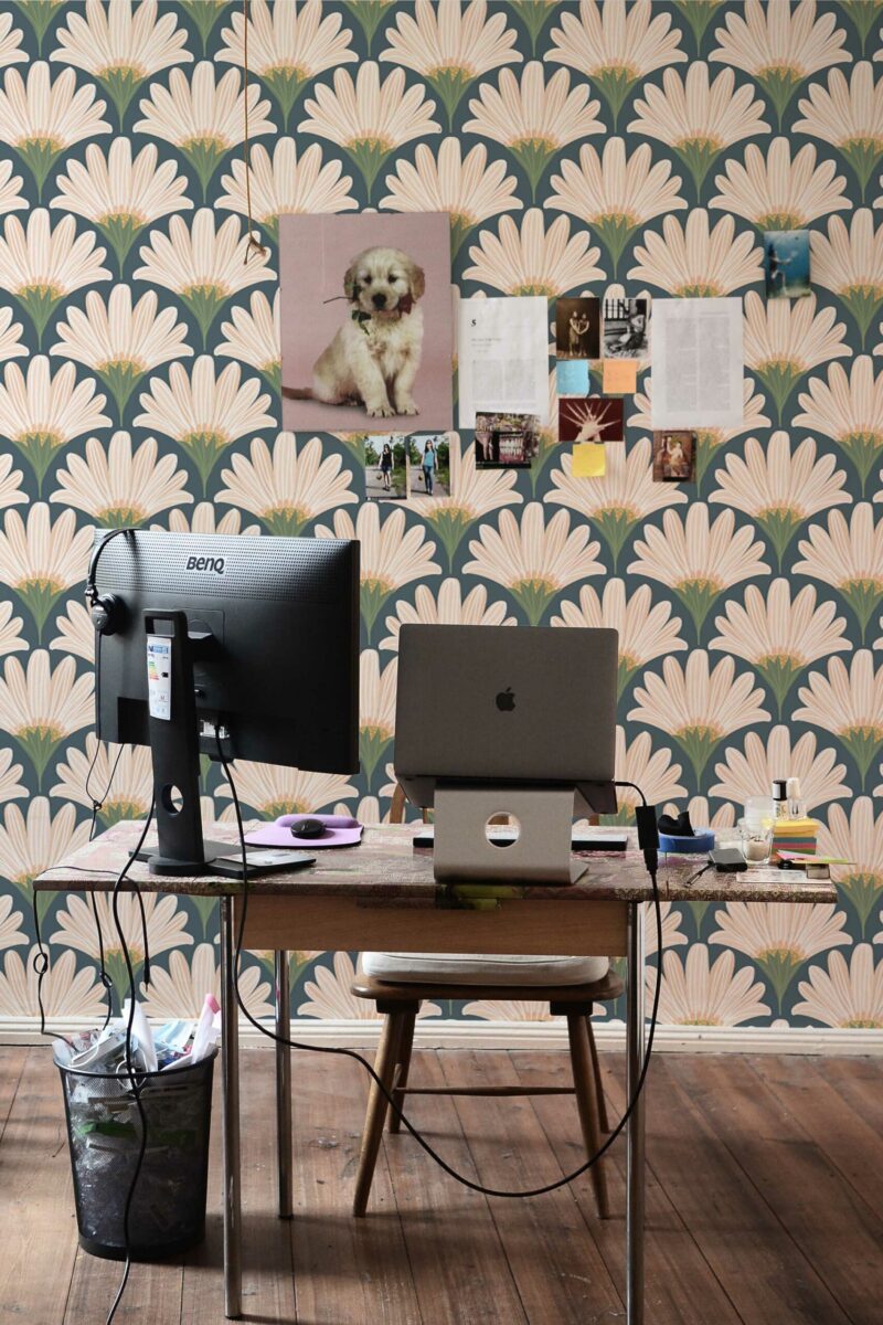 Art Deco Office Wall Mural with bold beige and green floral motifs on a bluish background, perfect for offices, studios, or elegant accent walls.