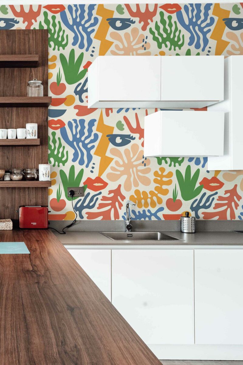 Bright Matisse Kitchen Wall Mural with colorful abstract shapes and plant-like forms on a light background, perfect for kitchens, dining spaces, or playful accent walls.