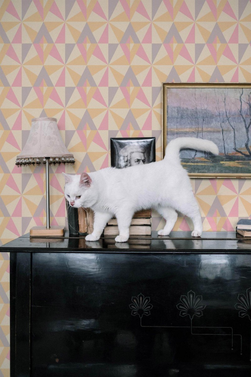 Industrial style music room decorated with Colorful geometric retro peel and stick wallpaper