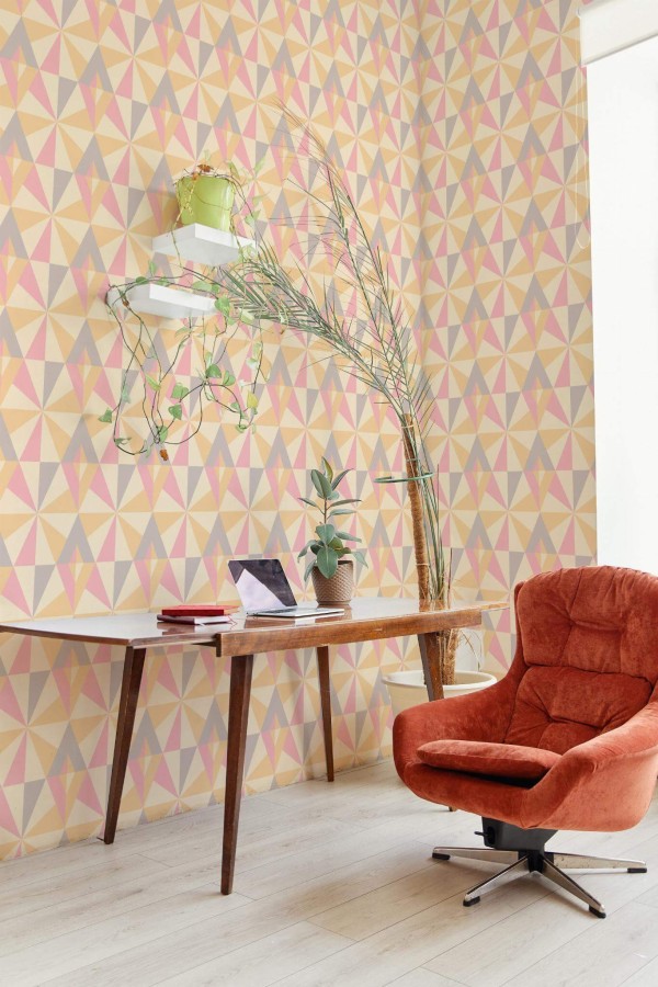 MId-century boho style home office decorated with Colorful geometric retro peel and stick wallpaper