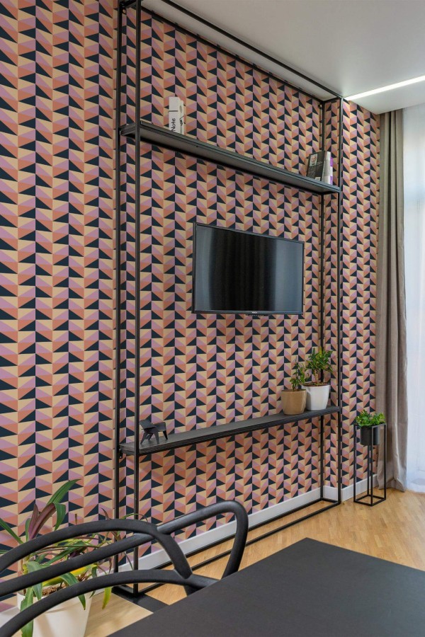 Industrial style living room decorated with Colorful geometric triangles peel and stick wallpaper