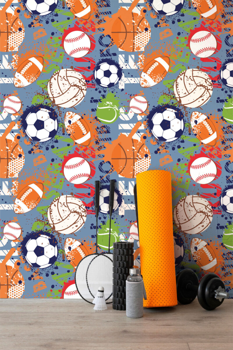 Colorful Graffiti Sports Balls Wall Mural with basketballs, footballs, and abstract graffiti patterns in bold colors, ideal for gyms, game rooms, and kids’ rooms.