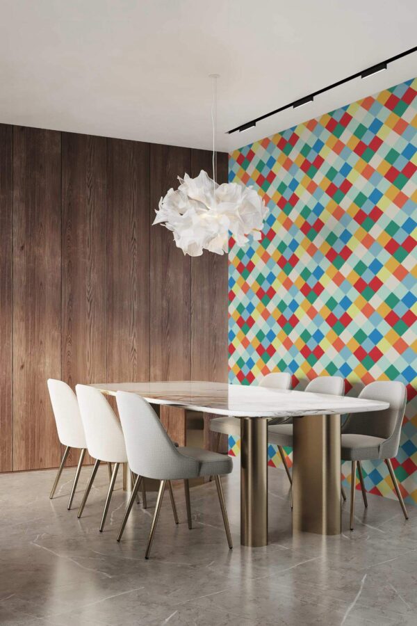 Luxury modern style home office with marble table decorated with Colorful harlequin peel and stick wallpaper