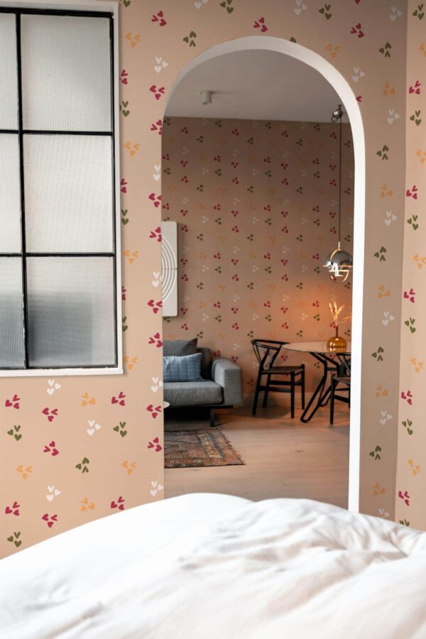 Modern scandinavian style living room decorated with Colorful hearts peel and stick wallpaper