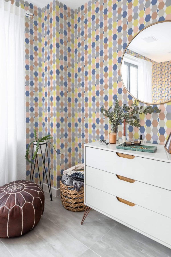 Scandinavian style bedroom decorated with Colorful hexagon peel and stick wallpaper and Mediterranean accents