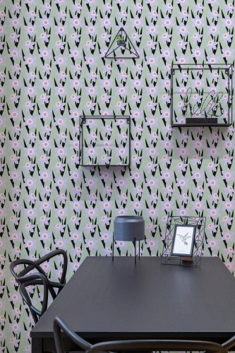Industrial modern style dining room decorated with Colorful narcissus floral peel and stick wallpaper