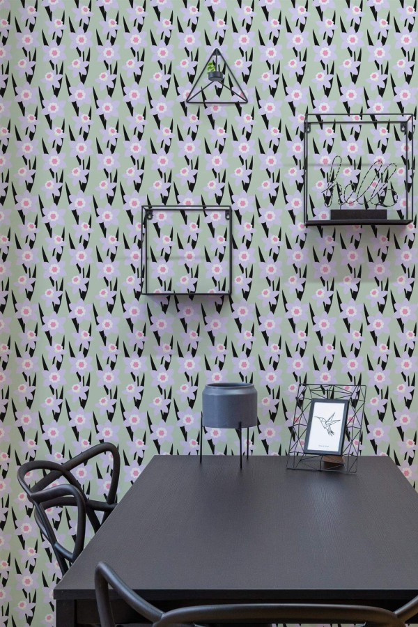Industrial modern style dining room decorated with Colorful narcissus floral peel and stick wallpaper