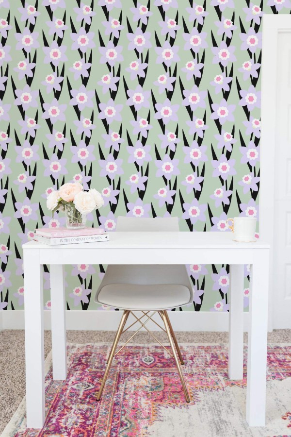 Shabby chic style home office decorated with Colorful narcissus floral peel and stick wallpaper