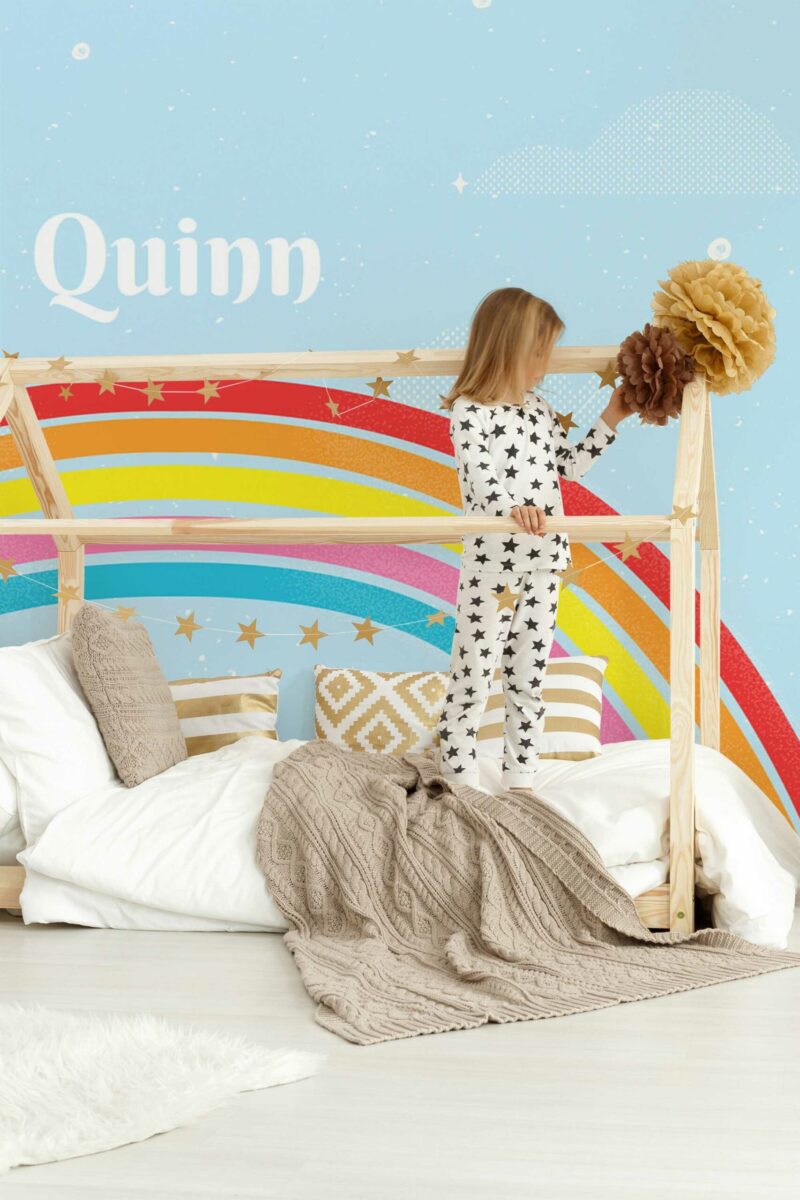 Rainbow Name peel and stick or non-pasted wall mural. Fancy Walls removable self-adhesive or traditional abstract rainbow eco-friendly and PVC-free nursery mural wallpaper.