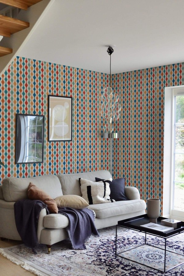 Contemporary style living room and kitchendecorated with Colorful Retro peel and stick wallpaper