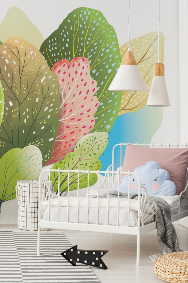 Lively Colorful Trees wall mural with green and white colorful forest illustration, ideal for kids' rooms or creative spaces.