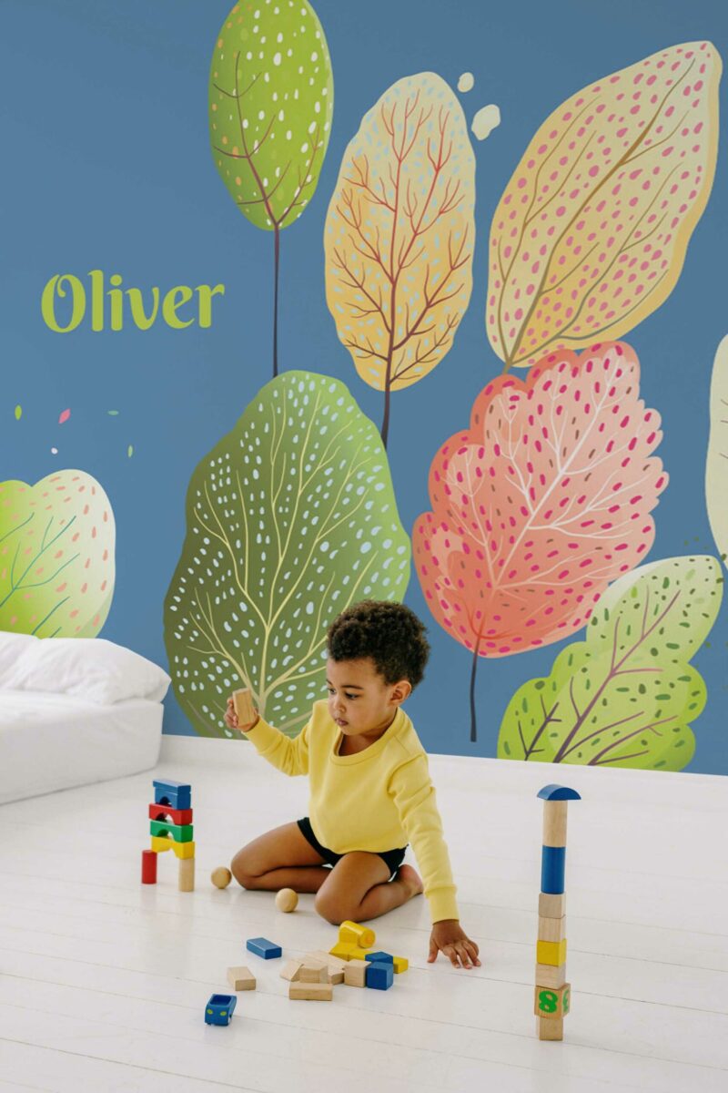 Colorful Tree Name peel and stick or non-pasted wall mural. Fancy Walls removable self-adhesive or traditional colorful tree and forest eco-friendly and PVC-free nursery mural wallpaper.