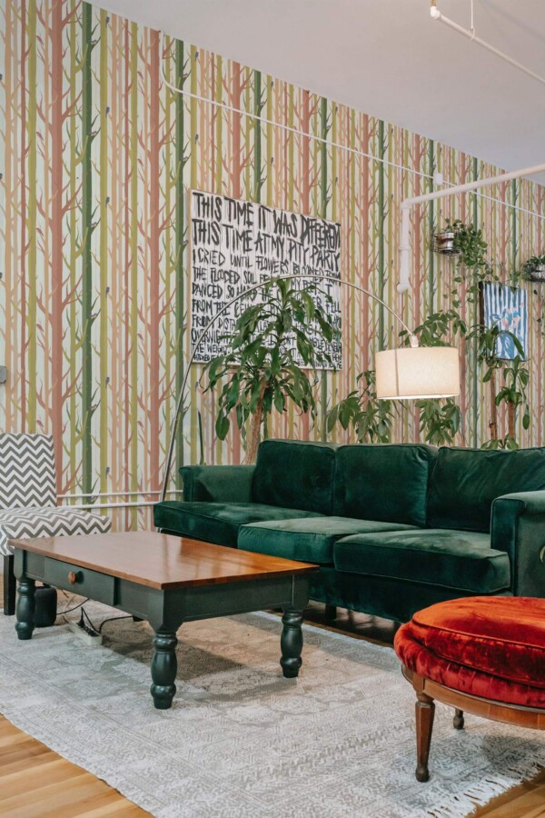 Bold eclectic style living room decorated with Colorful trees peel and stick wallpaper and emerald green sofa