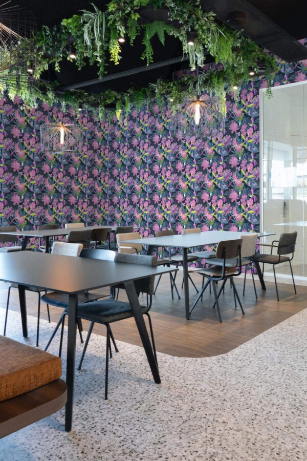 Modern style cafe decorated with Colorful tropical peel and stick wallpaper