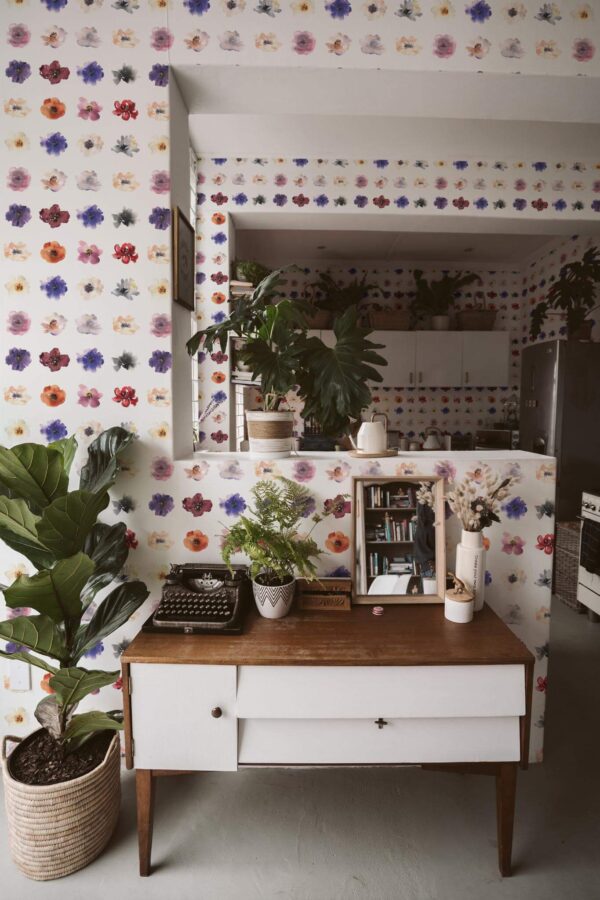Boho style living room and kitchen decorated with Colorful watercolor beauty room peel and stick wallpaper and green plants