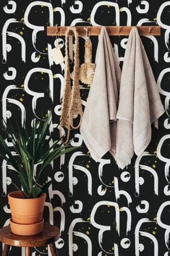 Boho style bathroom decorated with Contemporary abstract peel and stick wallpaper