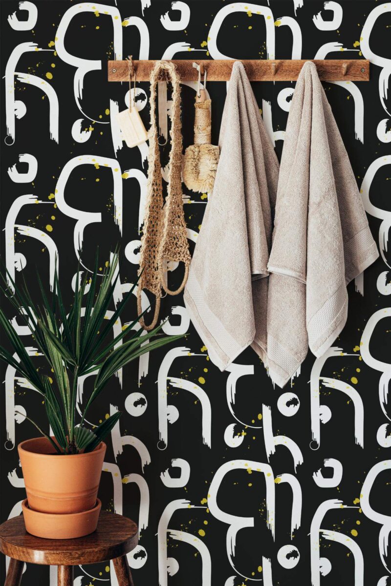Boho style bathroom decorated with Contemporary abstract peel and stick wallpaper
