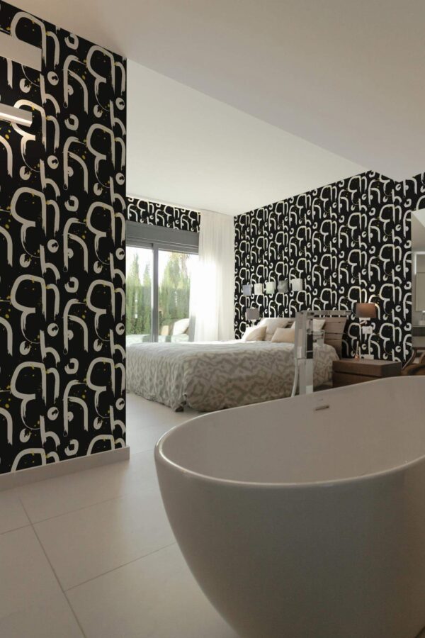 Modern style bedroom with open bathroom decorated with Contemporary abstract peel and stick wallpaper