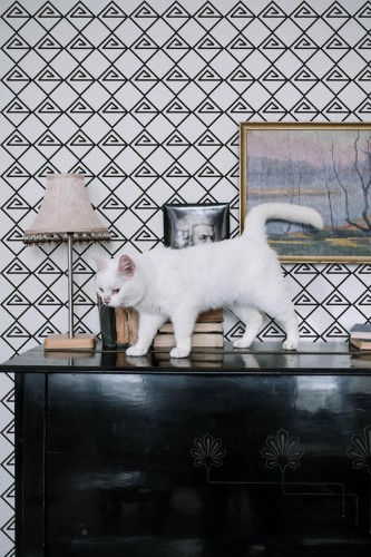 Industrial style music room decorated with Contemporary geometric design peel and stick wallpaper