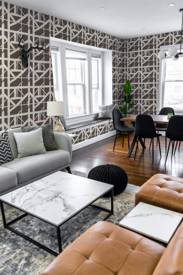 Mid-century modern scandinavian style living dining room decorated with Contemporary striped peel and stick wallpaper