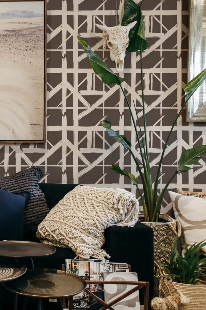 Scandinavian style living room decorated with Contemporary striped peel and stick wallpaper