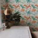 Rustic style home office decorated with Cool dinosaur peel and stick wallpaper