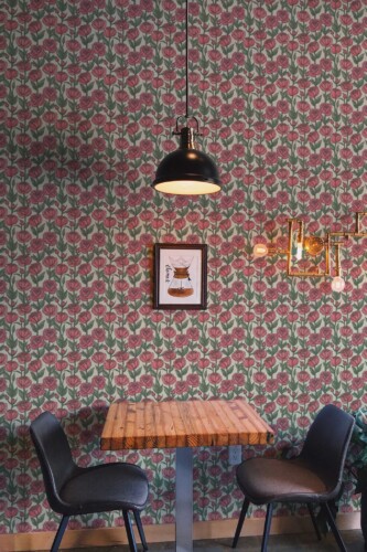 Rosy Chateau wallpaper peel and stick or non-pasted. Fancy Walls self-adhesive or traditional rose floral modern wallpaper for cafe, kitchen and dining rooms