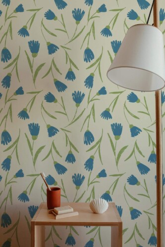 Minimal style bathroom decorated with Cornflowers on beige peel and stick wallpaper